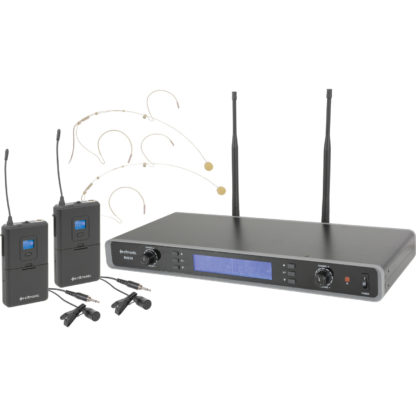 Citronic RU210-N license free UHF Ch 70 digital twin wireless microphone system with boyworn transmitter, 2 x headworn microphones and 2 x clothing clip microphones