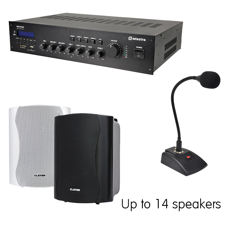 IND-240 series indoor PA sound systems with up to 14 cabinet speakers
