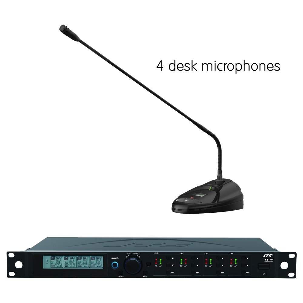 JTS CS-W4 wireless conference set with 4-channel wireless conference receiver and 4 desktop wireless conference microphones