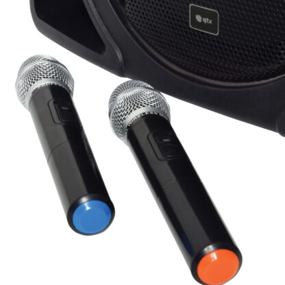 QTX DELTA-200 portable PA system with Bluetooth and handheld wireless microphones