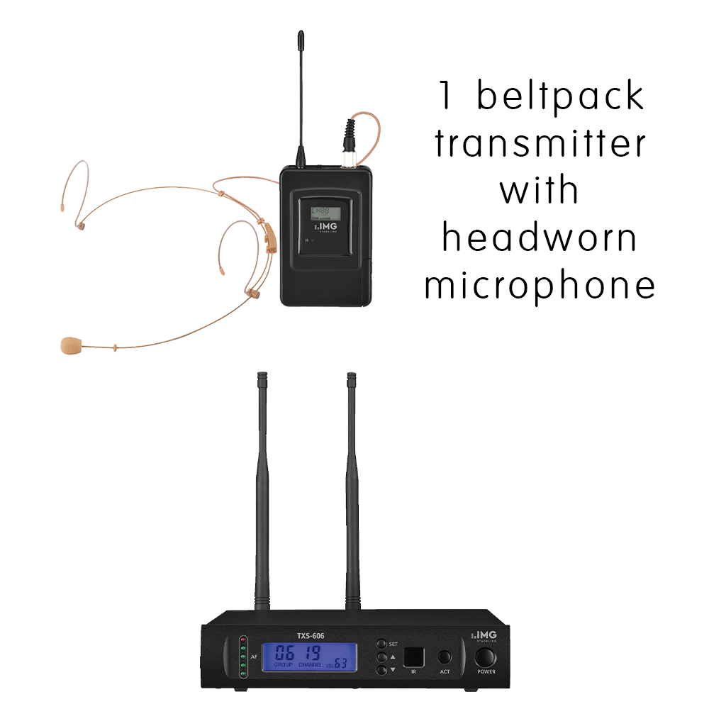 Complete IMG Stageline TXS-606HSE/SET channel 46-48 bodyworn wireless microphone system with headworn microphone