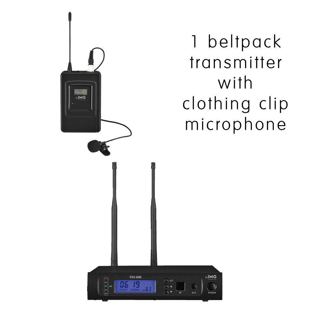 Complete IMG Stageline TXS-606LT/SET channel 46-48 bodyworn wireless microphone system with clothing clip microphone