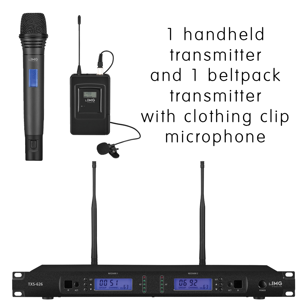 Complete IMG Stageline TXS-626COMBO/SET channel 46-48 bodyworn wireless microphone system with handheld microphones and beltpack transmitters with clothing clip microphones