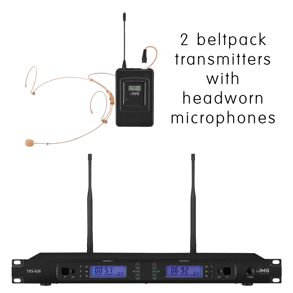 Complete IMG Stageline TXS-626HSE/SET channel 46-48 bodyworn wireless microphone system with 2 x headworn microphones