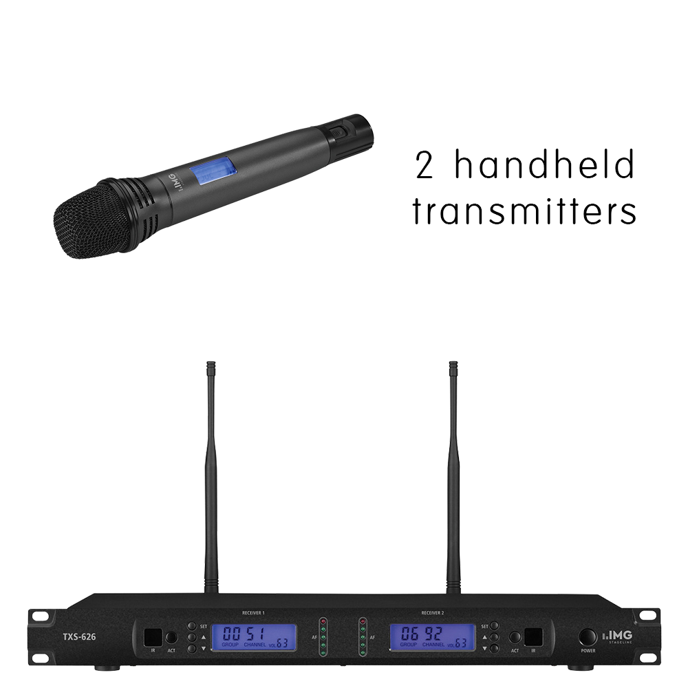 Complete IMG Stageline TXS-626HT/SET channel 46-48 bodyworn wireless microphone system with 2 x handheld microphones