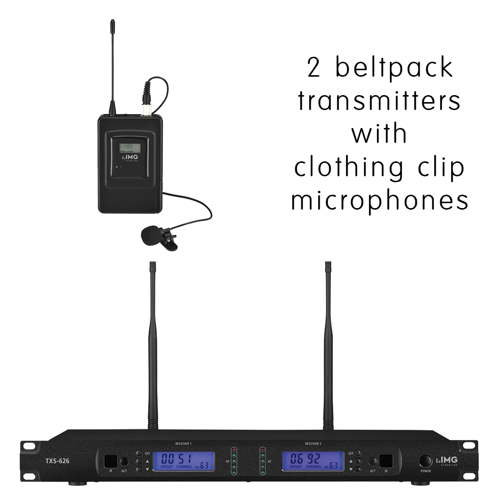 Complete IMG Stageline TXS-626LT/SET channel 46-48 bodyworn wireless microphone system with 2 x clothing clip microphones