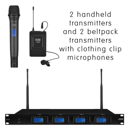 Complete IMG Stageline TXS-646COMBO/SET channel 46-48 bodyworn wireless microphone system with 2 x handheld microphones and 2 x beltpack transmitters with 2 x clothing clip microphones