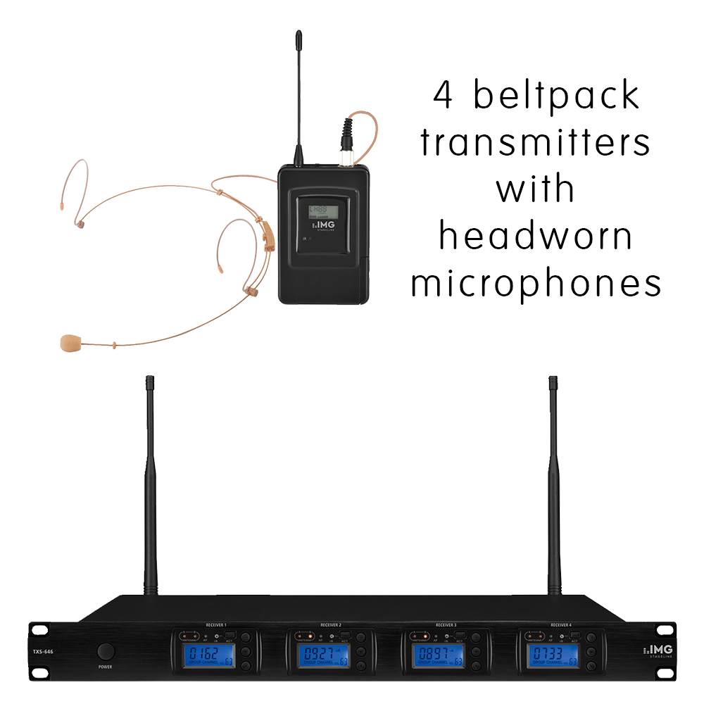 Complete IMG Stageline TXS-646HSE/SET channel 46-48 bodyworn wireless microphone system with 4 x headworn microphones