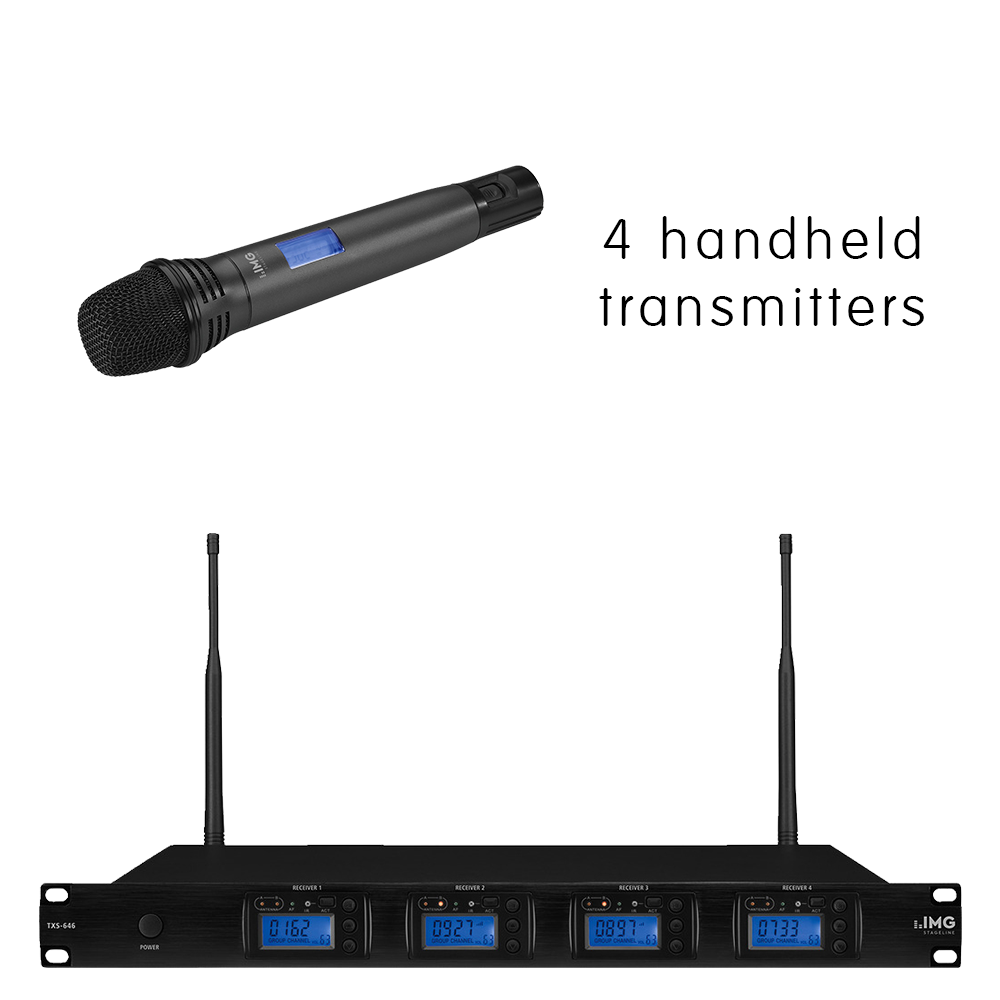Complete IMG Stageline TXS-646HT/SET channel 46-48 bodyworn wireless microphone system with 4 x handheld microphones