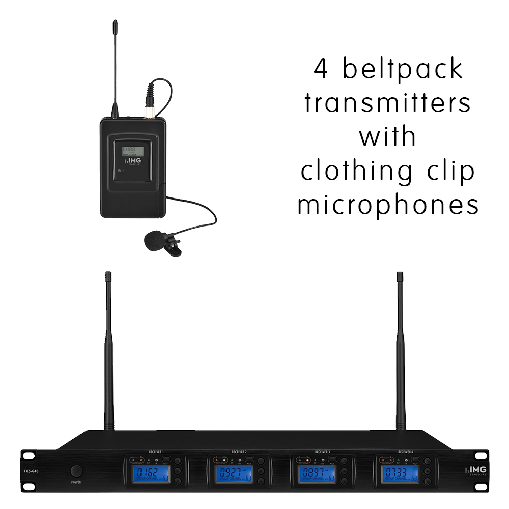 Complete IMG Stageline TXS-646LT/SET channel 46-48 bodyworn wireless microphone system with 4 x clothing clip microphones