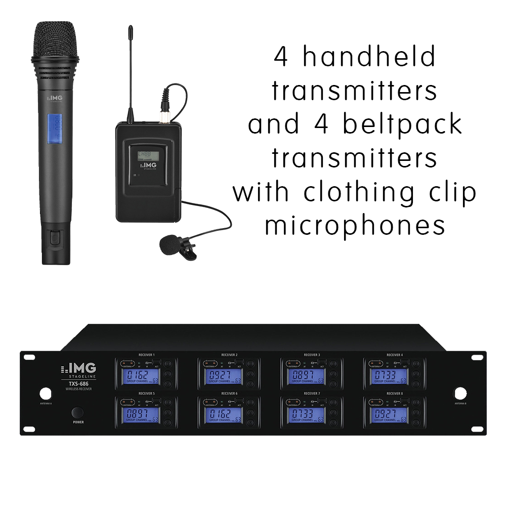 Complete IMG Stageline TXS-686COMBO/SET channel 46-48 bodyworn wireless microphone system with 4 x handheld microphones and 4 x beltpack transmitters with clothing clip microphones