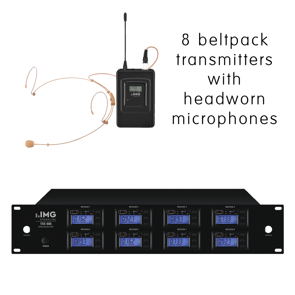Complete IMG Stageline TXS-686HSE/SET channel 46-48 bodyworn wireless microphone system with 8 x headworn microphones