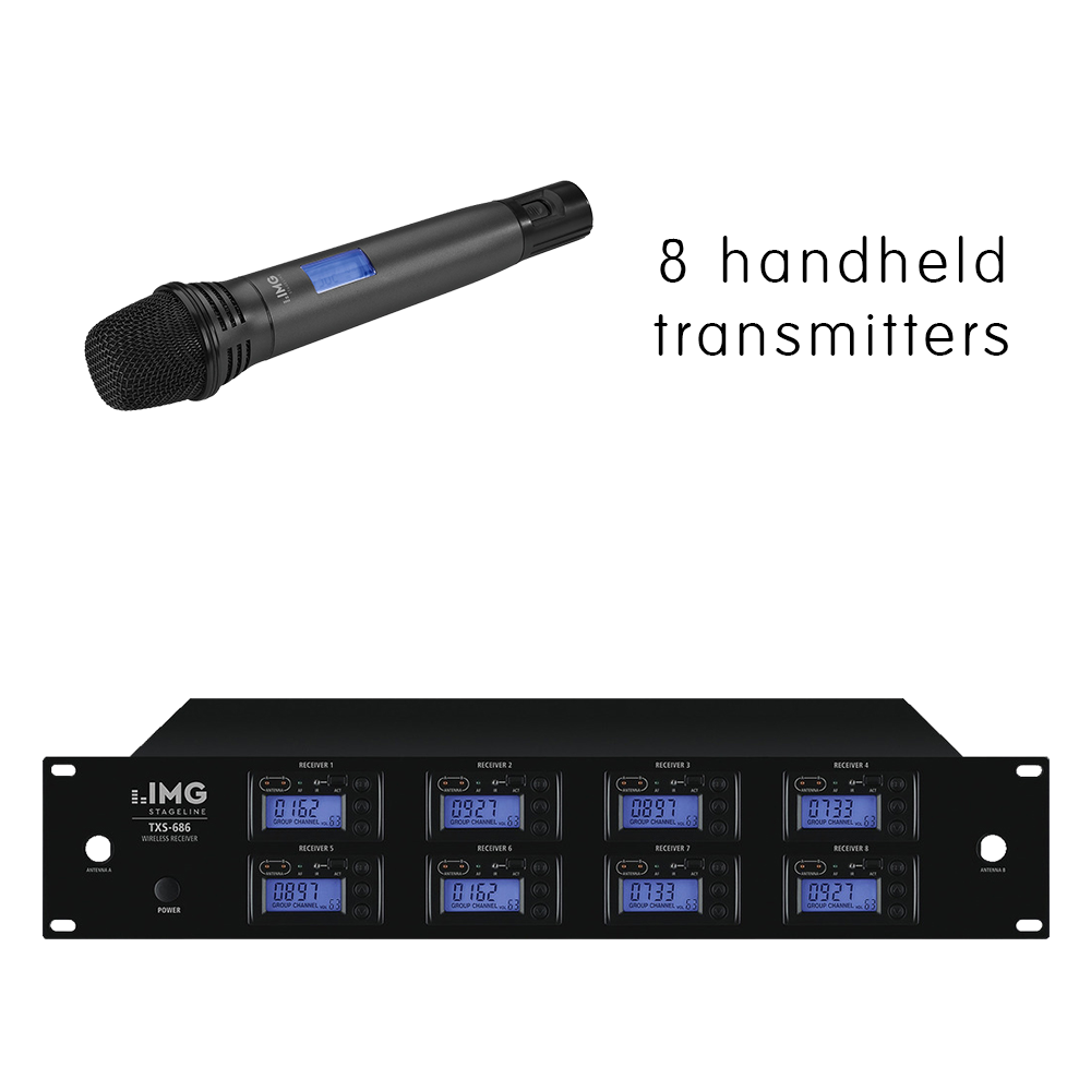 Complete IMG Stageline TXS-686HT/SET channel 46-48 bodyworn wireless microphone system with 8 x handheld microphones