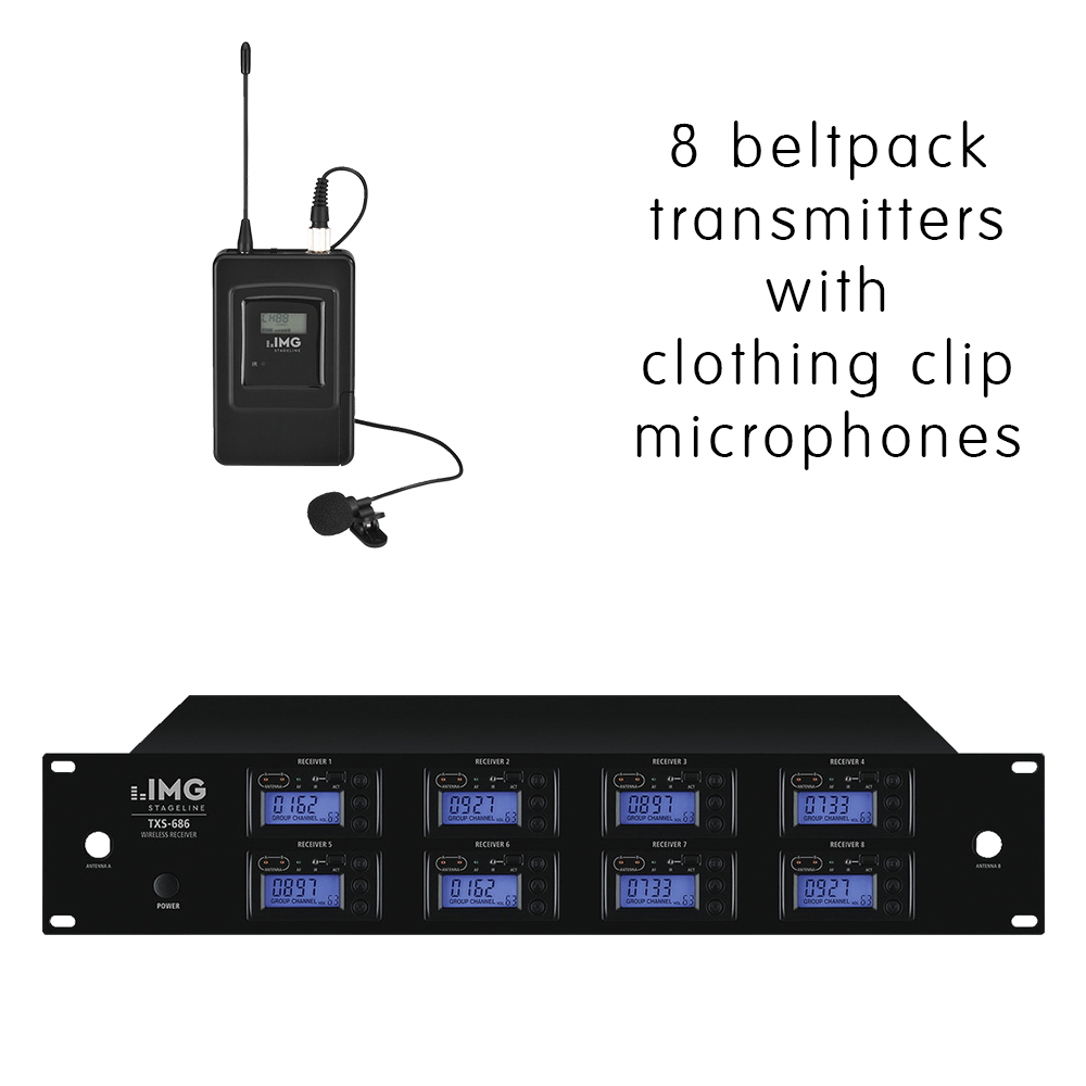 Complete IMG Stageline TXS-686LT/SET channel 46-48 bodyworn wireless microphone system with 8 x clothing clip microphones