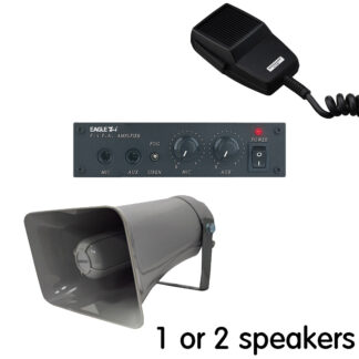 VEHICLE-12 Series mobile, vehicle based, outdoor public address PA sound system works from 12v external car or leisure type lead acid battery (not supplied) and includes mixer amplifier, 1 or 2 horn speakers, handheld cabled microphone and 5m speaker cable