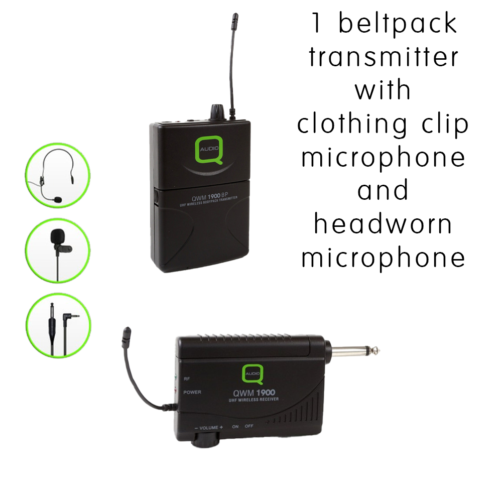 Q Audio QWM 1900 BP channel 70 UHF beltpack wireless microphone system with headworn microphone and clothing-clip microphone