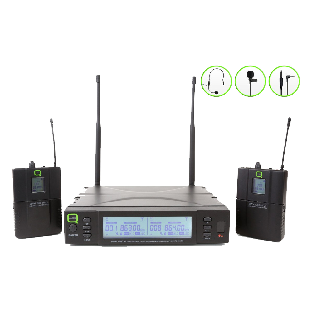 Q Audio QWM 1960 BP V2 series channel 38 or 70 UHF headworn wireless microphone systems