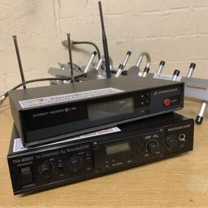 Monacor TXA-800ST wireless audio transmitter on Ch. 70 together with a Sennheiser EM100 G1 receiver creates a  wideband, 16 channel UHF wireless streaming audio link kit. The set is supplied with two high gain antennas, accessories and leads etc. in a suitable storage case