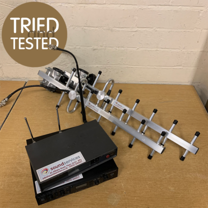 Monacor TXA-800ST wireless audio transmitter on Ch. 70 together with a Sennheiser EM100 G1 receiver creates a  wideband, 16 channel UHF wireless streaming audio link kit. The set is supplied with two high gain antennas, accessories and leads etc. in a suitable storage case