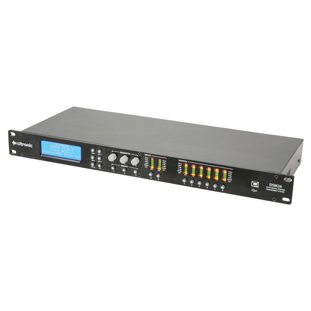 Citronic DSM26 2 input / 6 output digital speaker management system which incorporates crossovers, EQ and limiters for multi-amplifier and speaker setups
