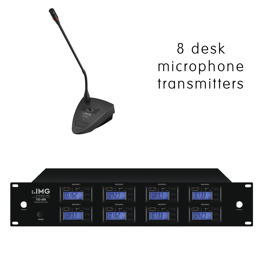 Complete IMG Stageline TXS-686DT/SET channel 46-48 conference wireless microphone system with 8 x desk microphones with PTT switches