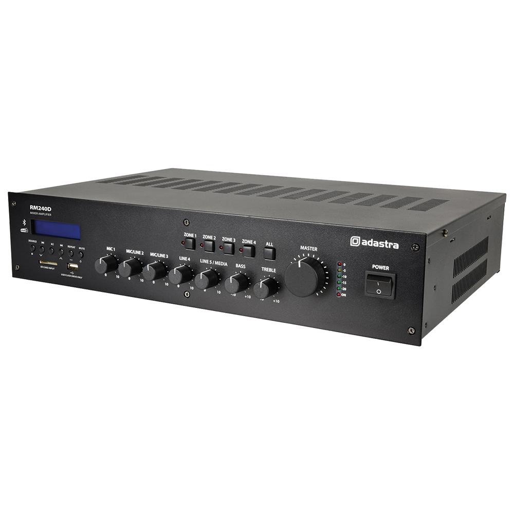 Adastra RM240D 240w 5 channel 100v line mixer amplifier with DAB+, Bluetooth and USB/SD