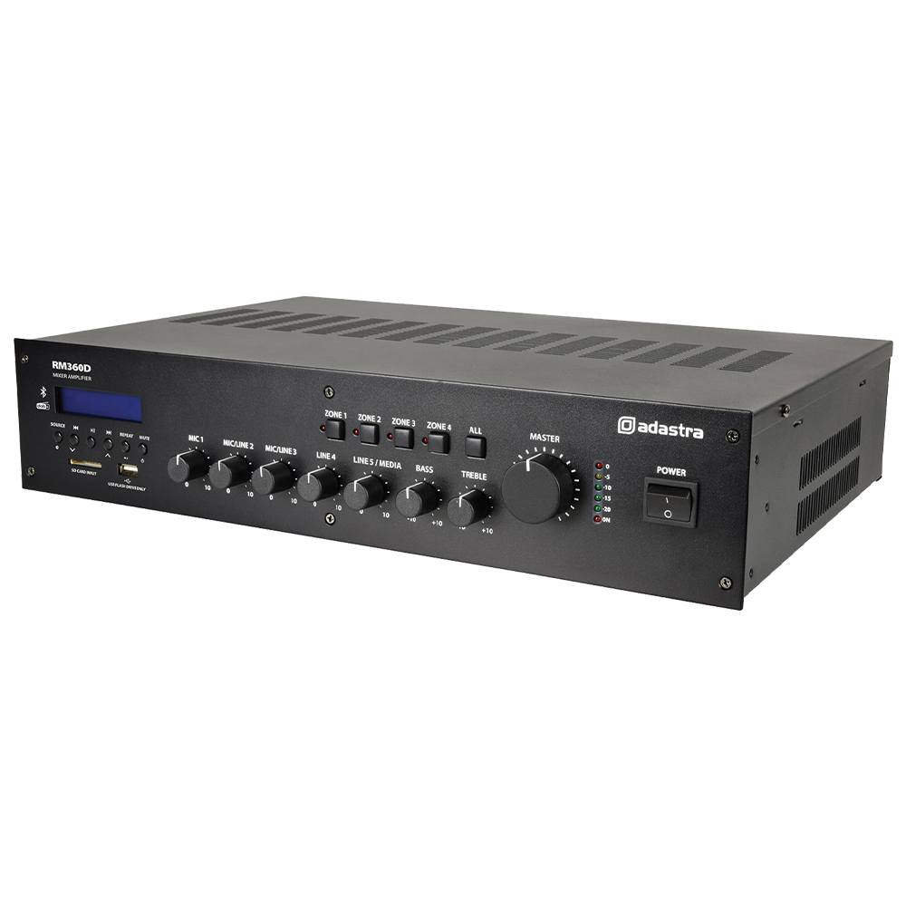 Adastra RM360D 360w 5 channel 100v line mixer amplifier with DAB+, Bluetooth and USB/SD