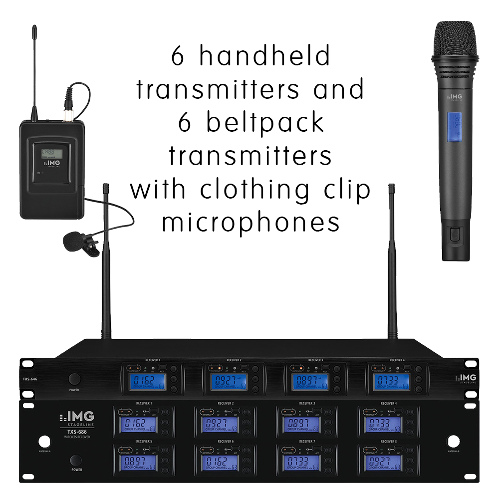 Complete IMG Stageline TXS-6126COMBO/SET channel 46-48 bodyworn wireless microphone system with 6 x handheld microphones and 6 x beltpack transmitters with clothing clip microphones