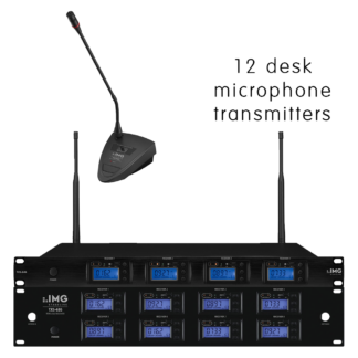 Complete IMG Stageline TXS-6126DT/SET channel 46-48 conference wireless microphone system with 12 x desk microphones with PTT switches