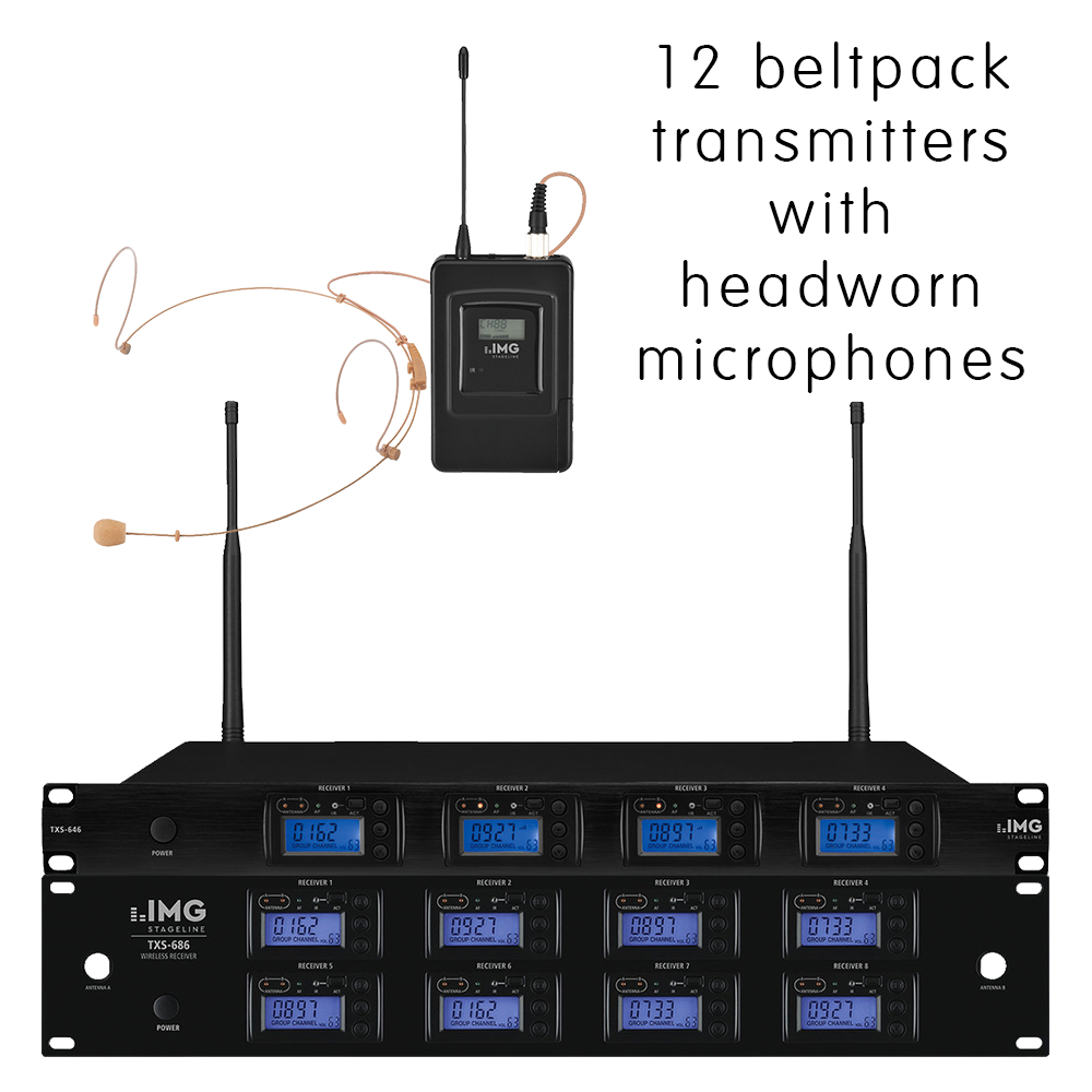 Complete IMG Stageline TXS-6126HSE/SET channel 46-48 bodyworn wireless microphone system with 12 x headworn microphones