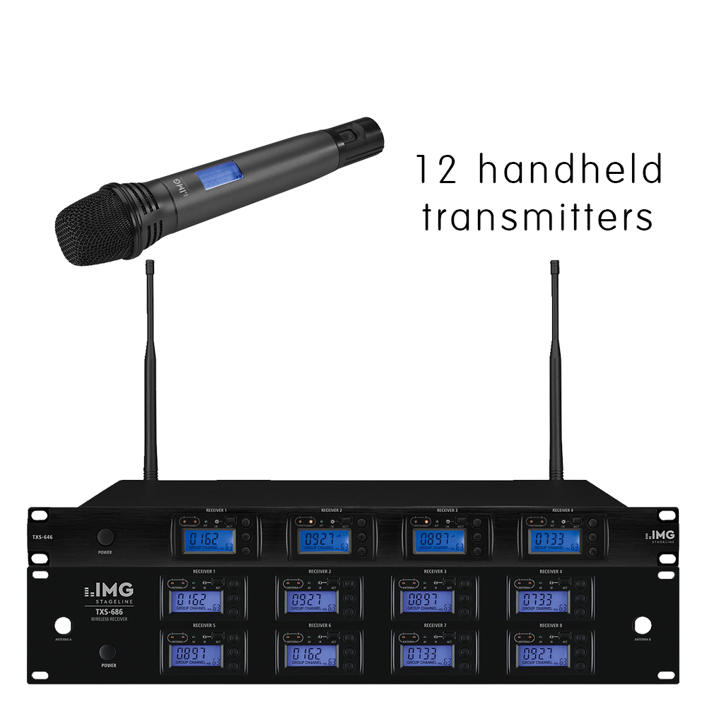 Complete IMG Stageline TXS-6126HT/SET channel 46-48 bodyworn wireless microphone system with 12 x handheld microphones