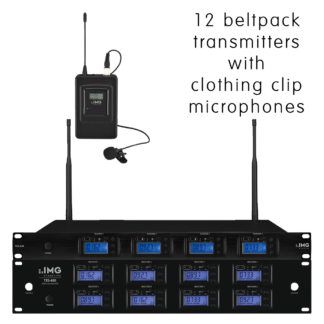 Complete IMG Stageline TXS-6126LT/SET channel 46-48 bodyworn wireless microphone system with 12 x clothing clip microphones
