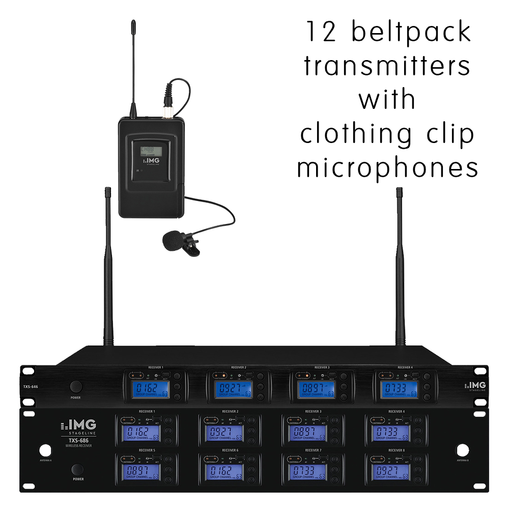 Complete IMG Stageline TXS-6126LT/SET channel 46-48 bodyworn wireless microphone system with 12 x clothing clip microphones