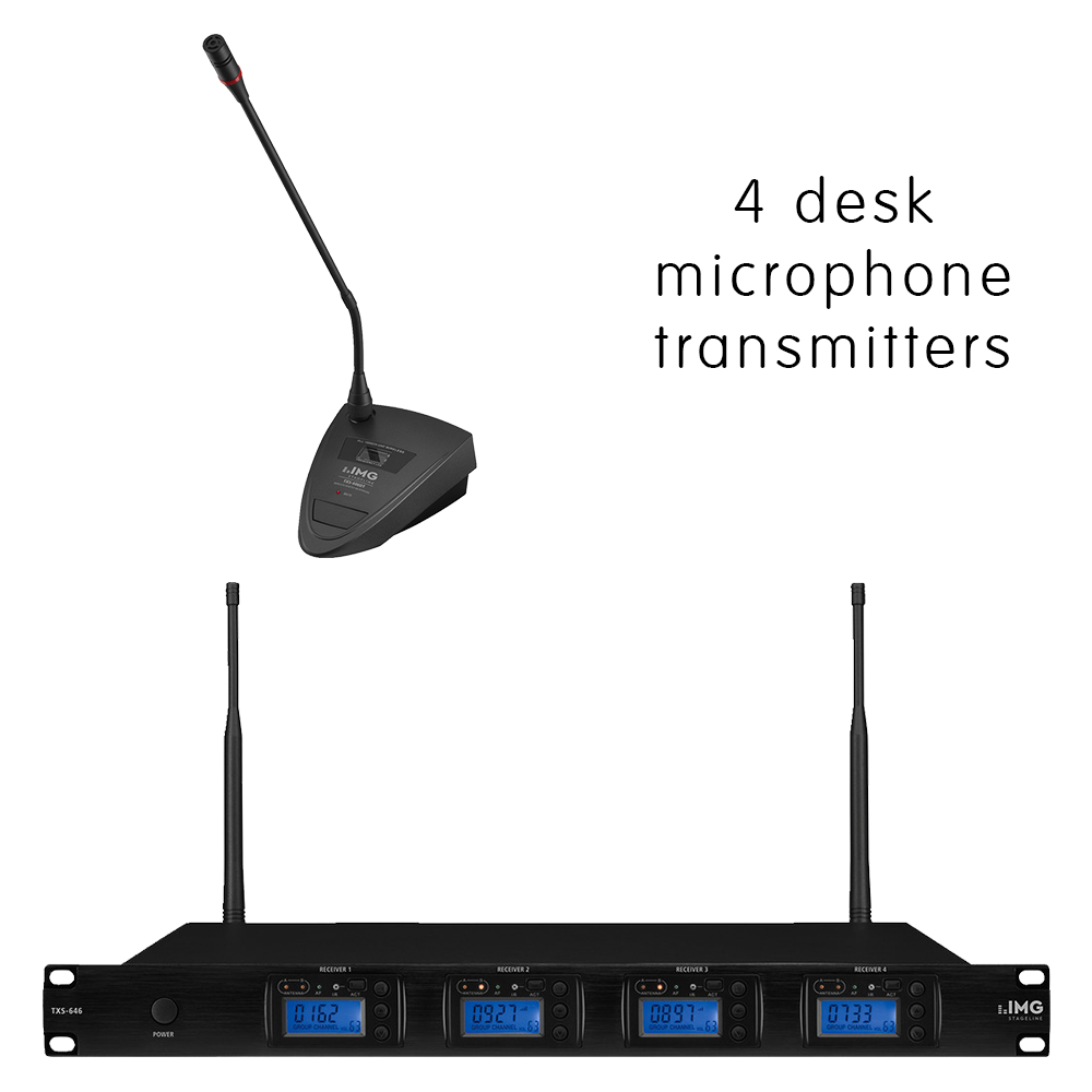 Complete IMG Stageline TXS-646DT/SET channel 46-48 conference wireless microphone system with 4 x desk microphones with PTT switches