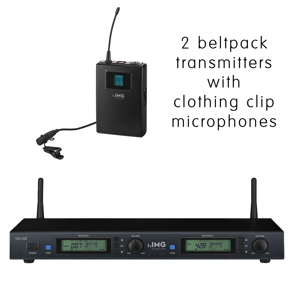 IMG Stageline TXS-920 twin UHF multifrequency wireless microphone receiver with 2 x TXS-900HSE bodyworn transmitters and 2 x clothing-clip microphones