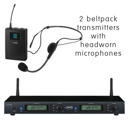 IMG Stageline TXS-920 twin UHF multifrequency wireless microphone receiver with 2 x TXS-900HSE bodyworn transmitters and 2 x headworn microphones