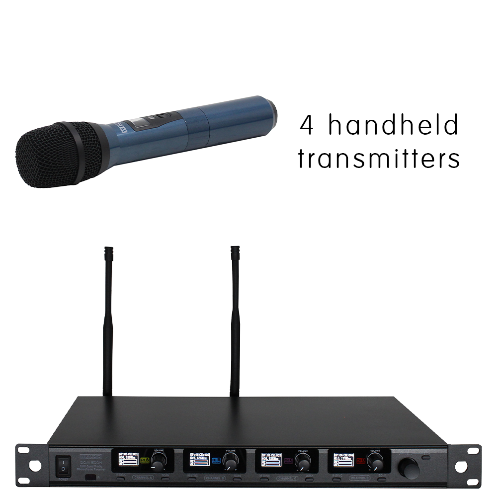 W Audio DQM 600H four way diversity wireless microphone system on Ch 38 (606-614 MHz) with 4 x handheld transmitters