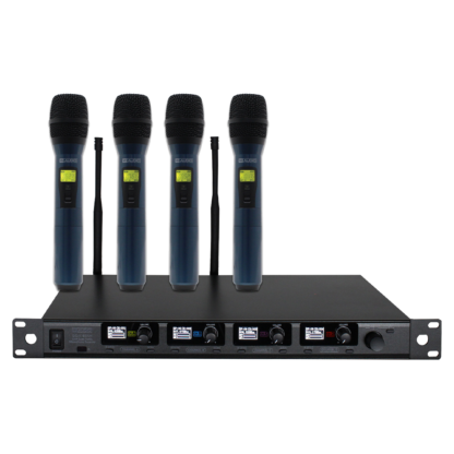 W Audio DQM 600H four way diversity wireless microphone system on Ch 38 (606-614 MHz) with 4 x handheld transmitters
