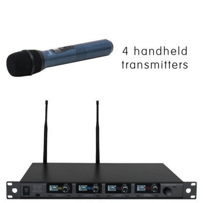 W Audio DQM 800H four way diversity wireless microphone system on Ch 65 (823-832MHz) and Ch 70 (863-865 MHz) with 4 x handheld transmitters