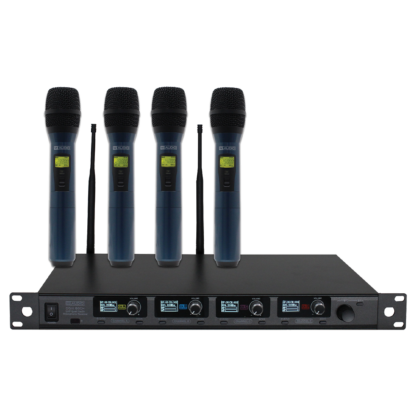 W Audio DQM 800H four way diversity wireless microphone system on Ch 65 (823-832MHz) and Ch 70 (863-865 MHz) with 4 x handheld transmitters