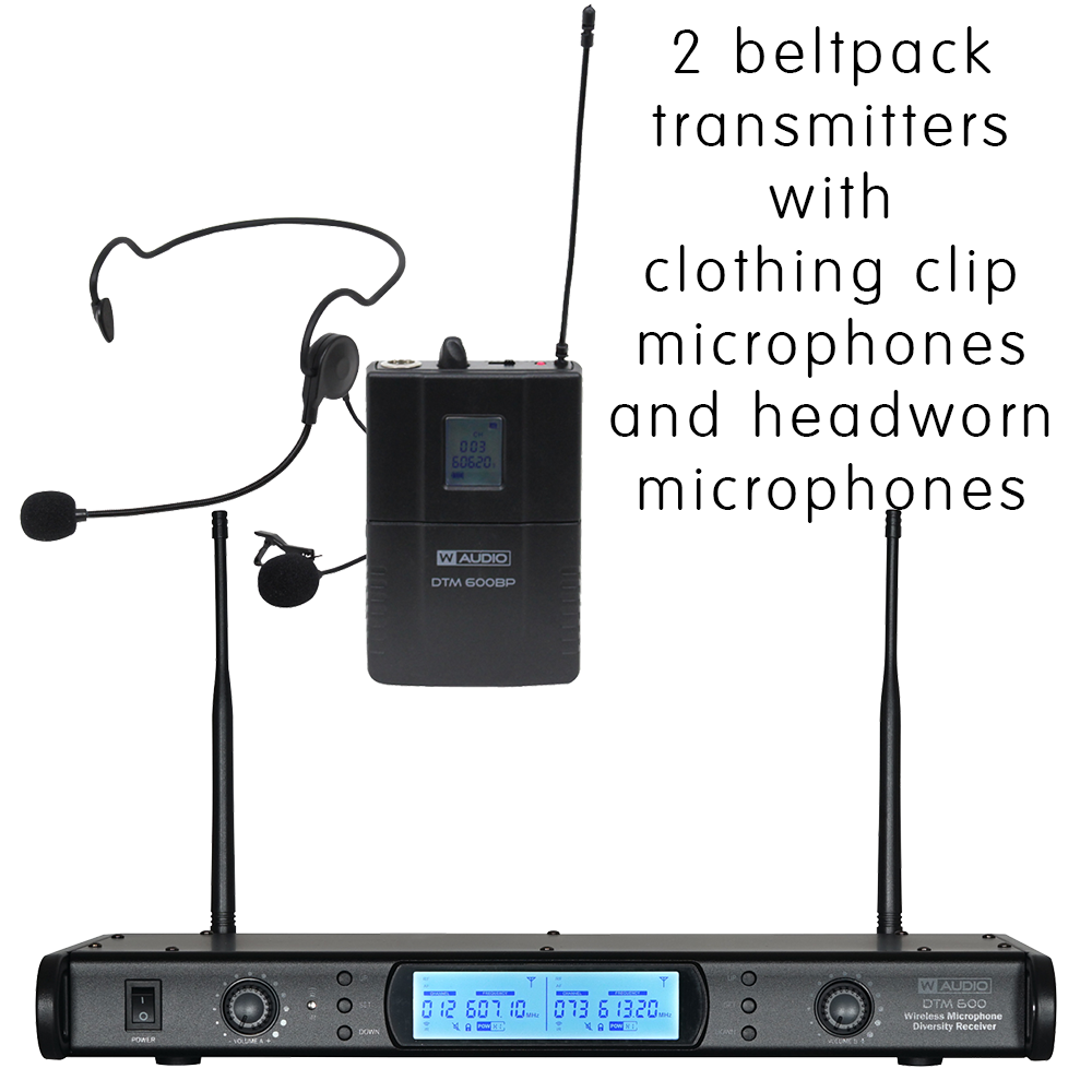 W Audio DTM 600 V2 twin diversity wireless microphone systems on Ch. 38 (606-614 MHz) with 2 x bodyworn transmitters, 2 x clothing clip microphones and 2 x headmics - with V2 software