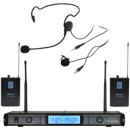 W Audio DTM 600 V2 twin diversity wireless microphone systems on Ch. 38 (606-614 MHz) with 2 x bodyworn transmitters, 2 x clothing clip microphones and 2 x headmics - with V2 software