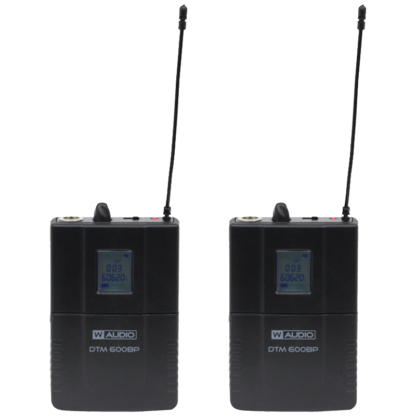 W Audio DTM 600 TX V2 twin diversity wireless microphone beltpacks on Ch. 38 (606-614 MHz) - with V2 software