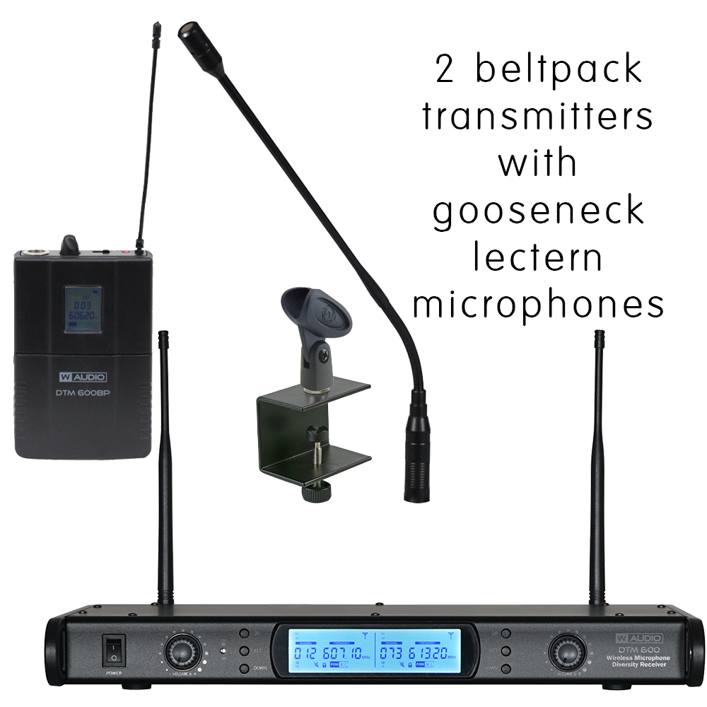 W Audio DTM 600/WPM V2 twin diversity wireless microphone system on Ch. 38 (606-614 MHz) with 2 x clothing clip microphones, 2 x headworn microphones and 2 x lectern gooseneck microphone and fitting – with V2 software