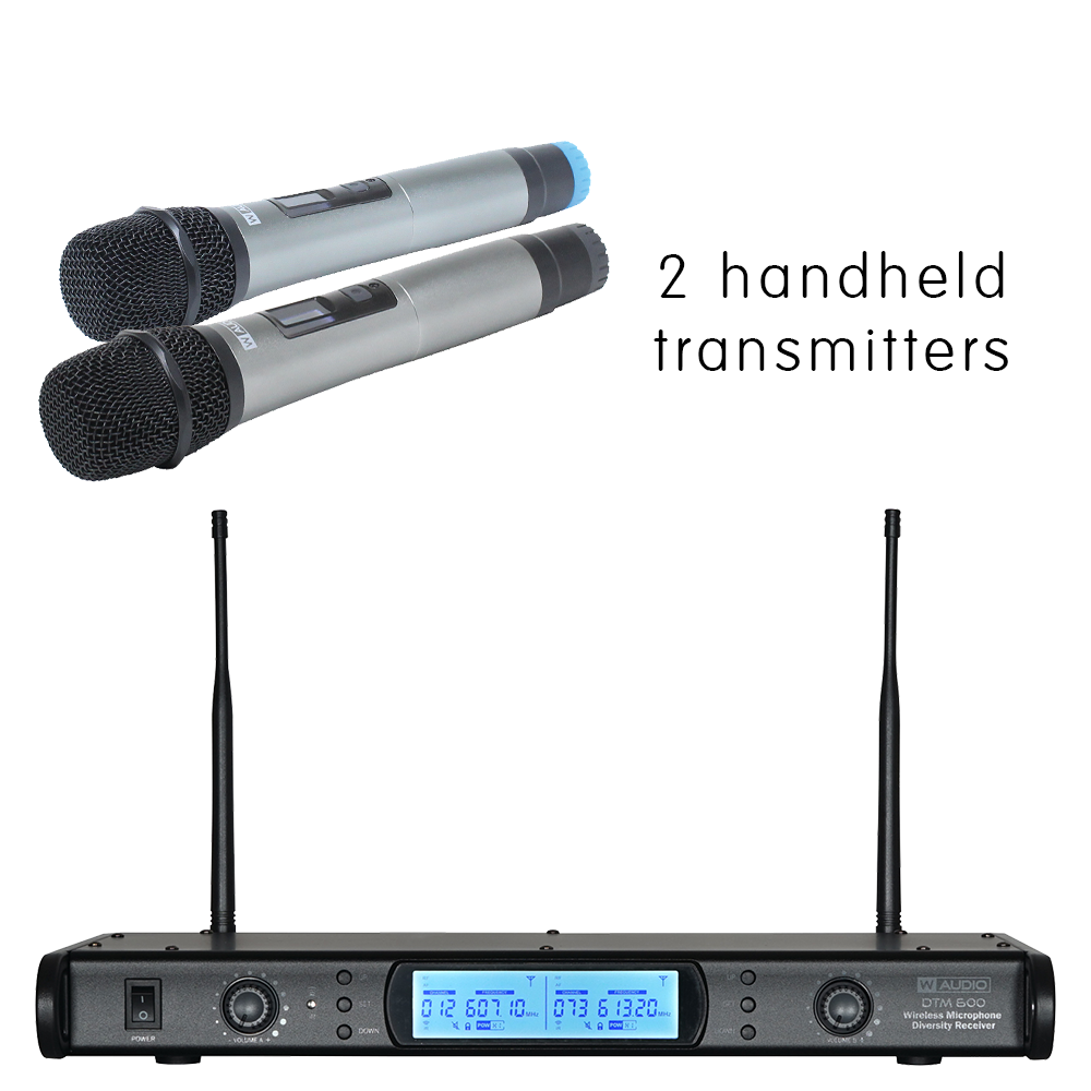 W Audio DTM 600 V2 twin diversity wireless microphone system on Ch. 38 (606-614 MHz) with 2 x handheld transmitters – with V2 software