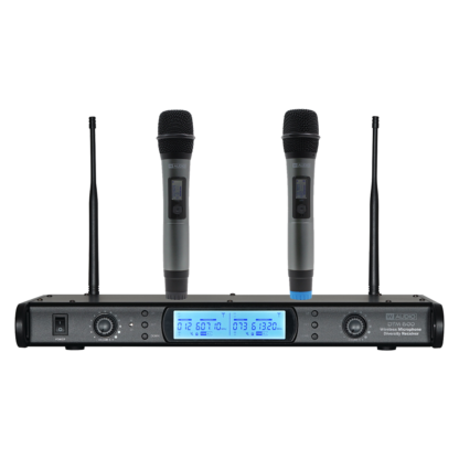 W Audio DTM 600 V2 twin diversity wireless microphone system on Ch. 38 (606-614 MHz) with 2 x handheld transmitters – with V2 software