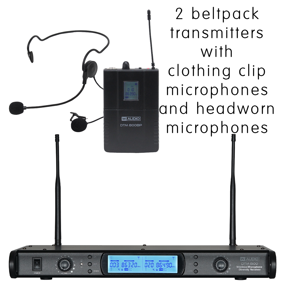 W Audio DTM 800 V2 twin diversity beltpack wireless microphone system on Ch 70 (863-865 MHz) with 2 x bodyworn transmitters, 2 x clothing clip microphones and 2 x headmics - with V2 software