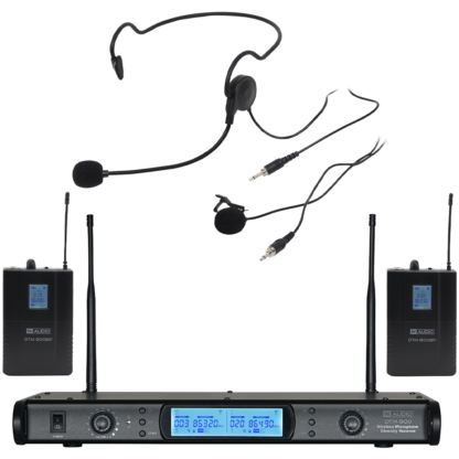 W Audio DTM 800 V2 twin diversity beltpack wireless microphone system on Ch 70 (863-865 MHz) with 2 x bodyworn transmitters, 2 x clothing clip microphones and 2 x headmics - with V2 software