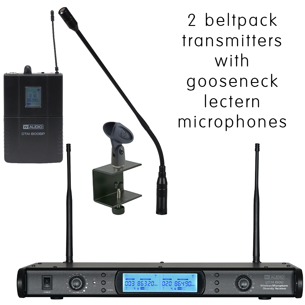 W Audio DTM 800 V2 twin diversity beltpack wireless microphone systems on Ch 70 (863-865 MHz)with 2 x clothing clip microphones, 2 x headworn microphones and 2 x lectern gooseneck microphone and fittings - with V2 software