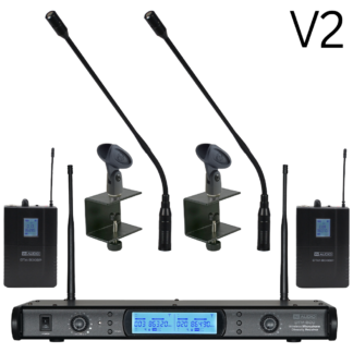 W Audio DTM 800 V2 twin diversity beltpack wireless microphone systems on Ch 70 (863-865 MHz)with 2 x clothing clip microphones, 2 x headworn microphones and 2 x lectern gooseneck microphone and fittings - with V2 software
